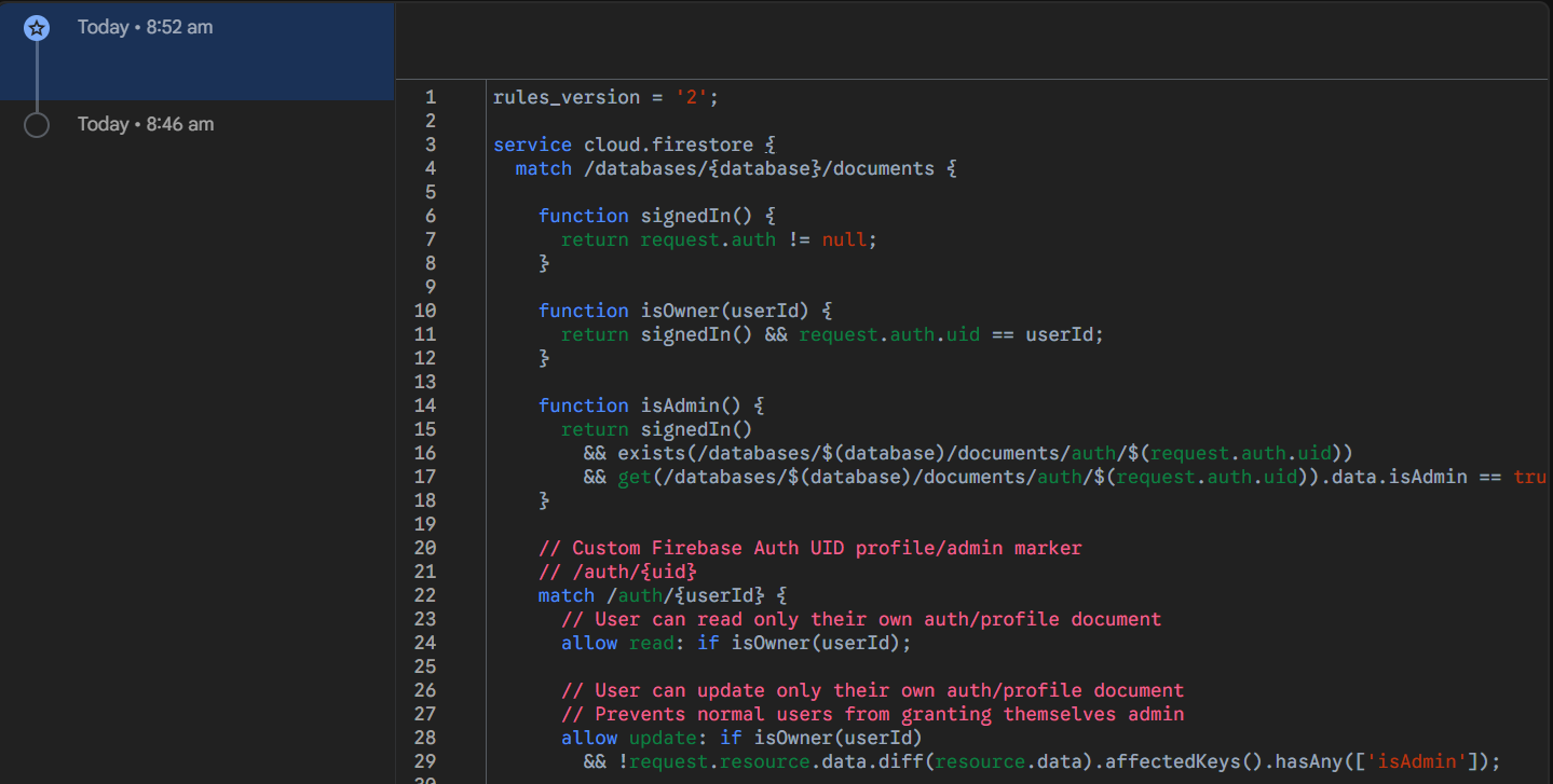 Preview image for Firebase UGC Platform Hardening work, showing Firestore security rules coverage.